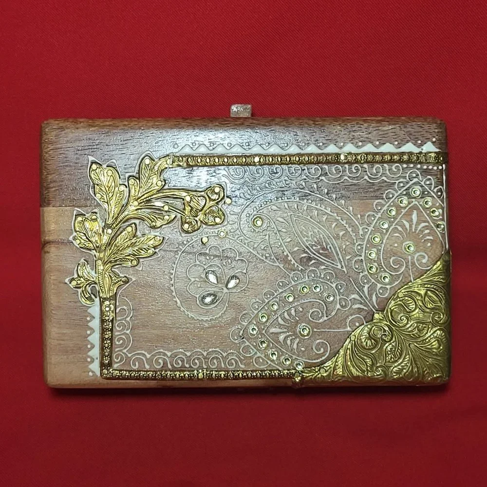 VTG Wooden Jewelry Keepsake Trinket Box White Gold Floral Design